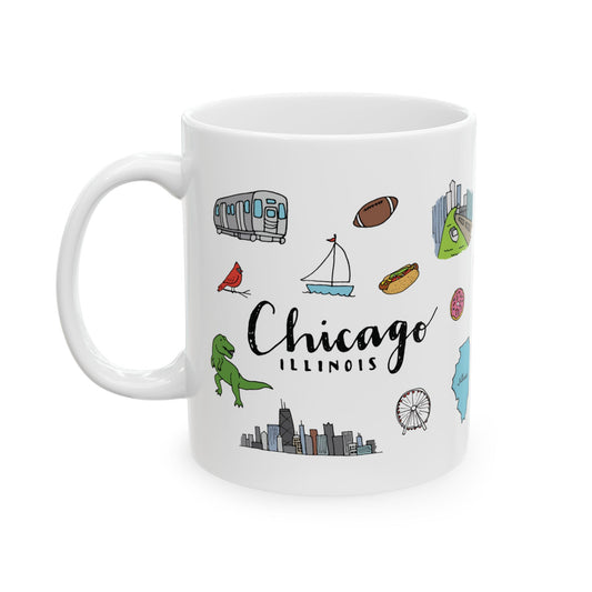 White mug with colorful illustrations of Chicago-themed icons on a white background