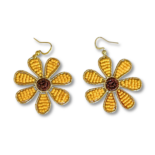 Gold flower-shaped earrings on a white background