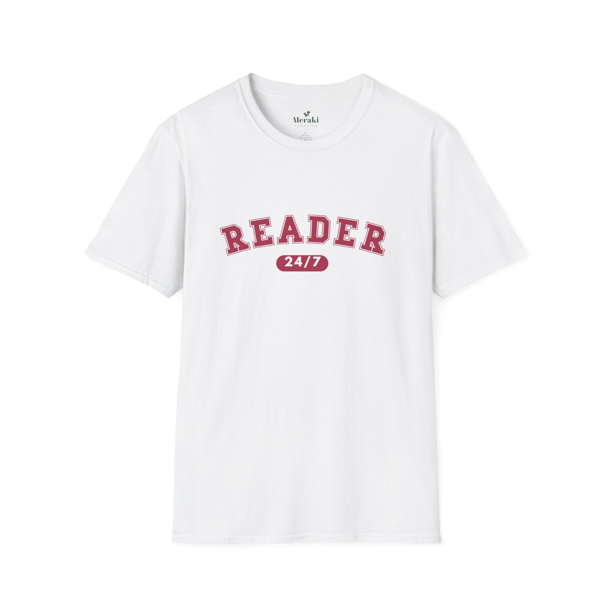 White t-shirt with 'READER 24/7' text on a white background