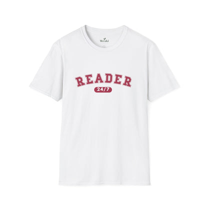 White t-shirt with 'READER 24/7' text on a white background