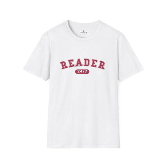 White t-shirt with 'READER 24/7' text on a white background