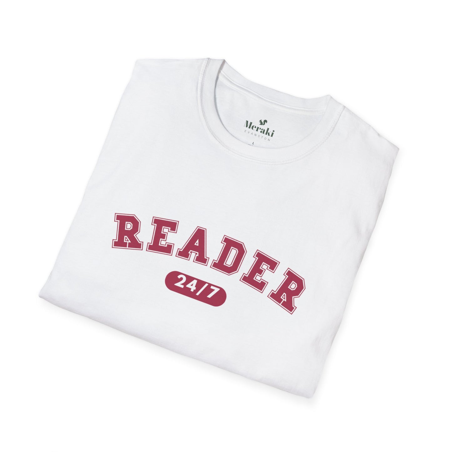 White t-shirt with 'READER 24/7' text on a white background
