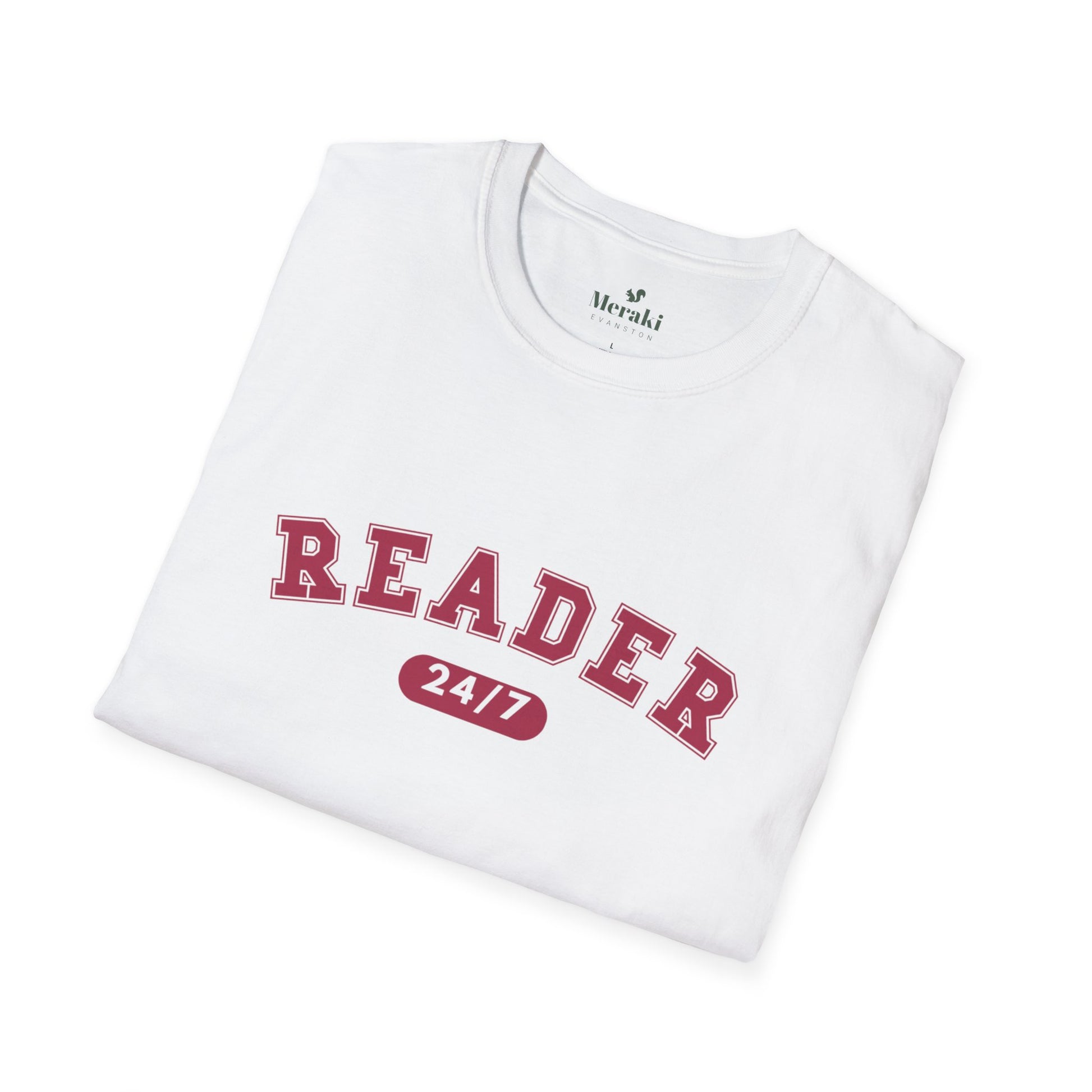 White t-shirt with 'READER 24/7' text on a white background