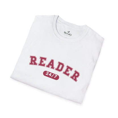 White t-shirt with 'READER 24/7' text on a white background