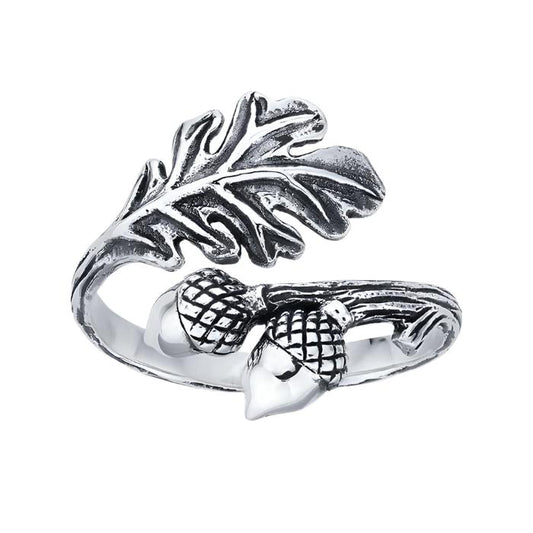 Acorns & Leaf Bypass Ring - Sterling Silver