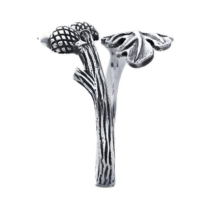 Acorns & Leaf Bypass Ring - Sterling Silver