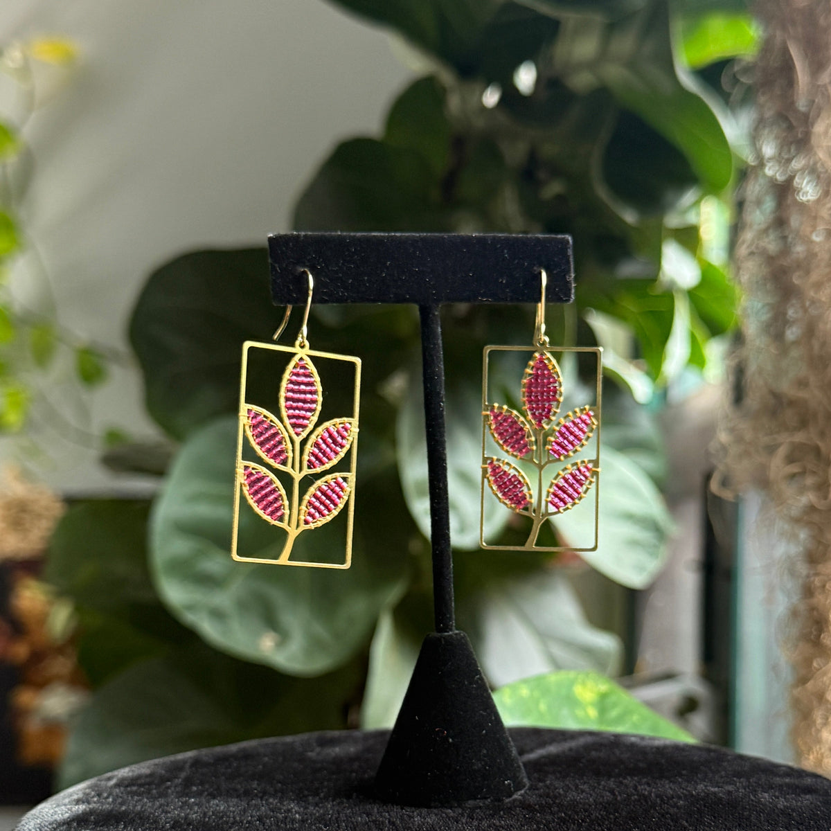 Burgundy Leaves Beaded Earrings